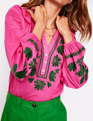 Raglan Embroidered Cotton Top - Sorbet Pink
