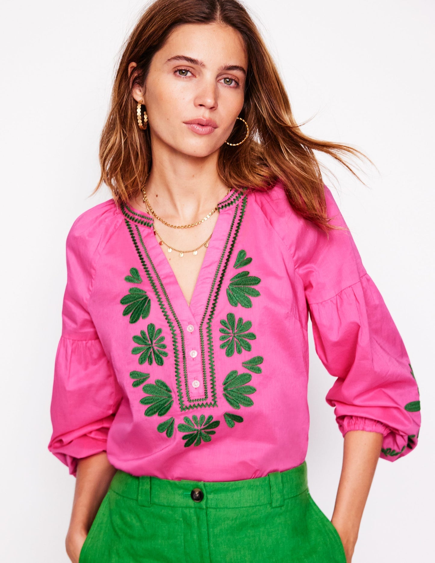 Raglan Embroidered Cotton Top - Sorbet Pink