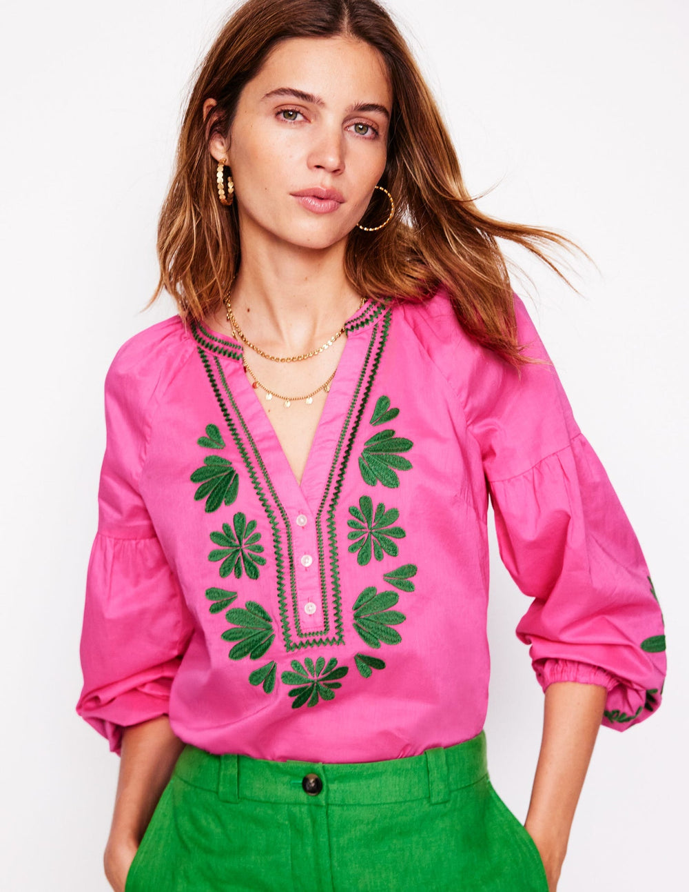 Raglan Embroidered Cotton Top - Sorbet Pink
