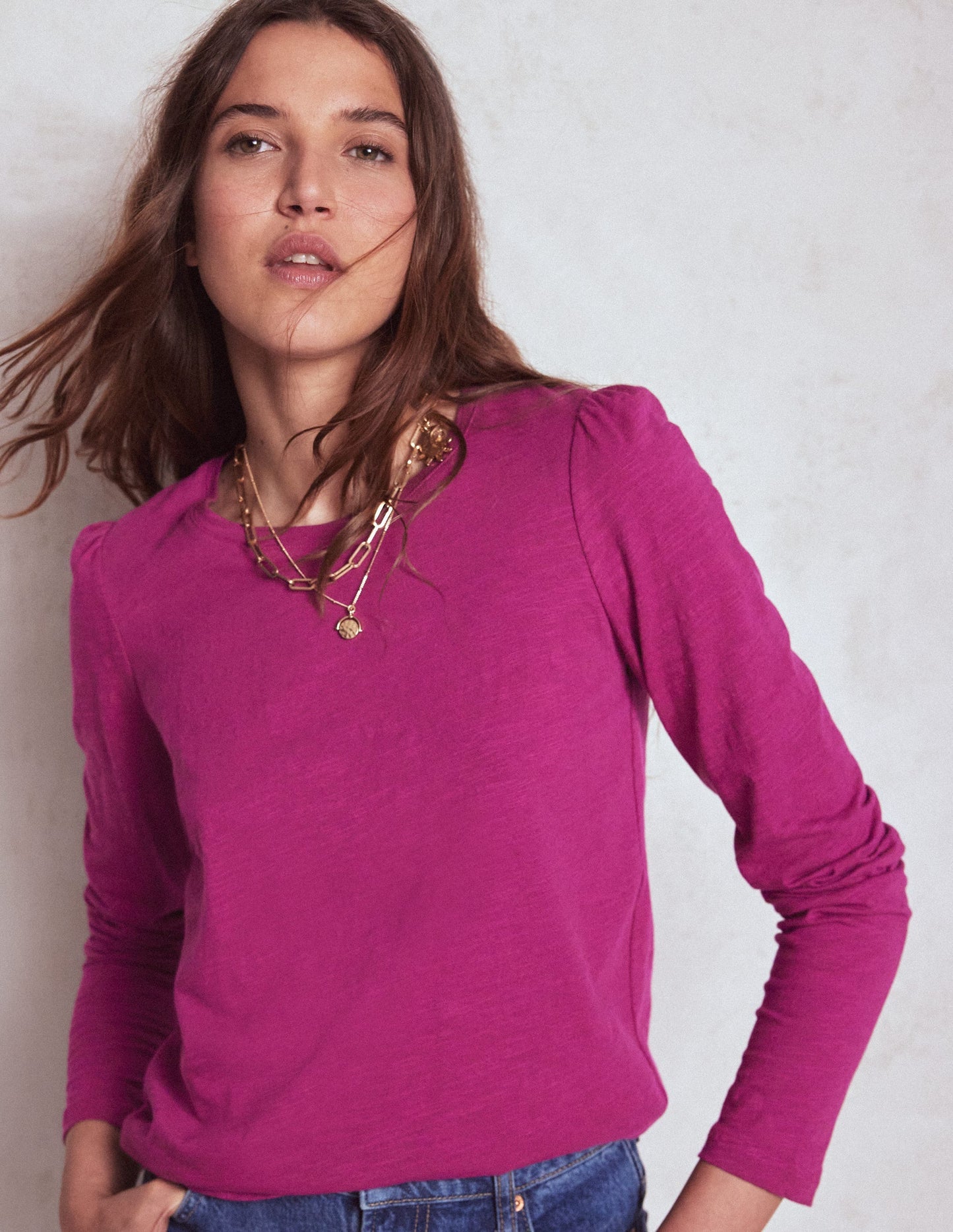 Cotton Crew Long Sleeve Top - Rich Magenta