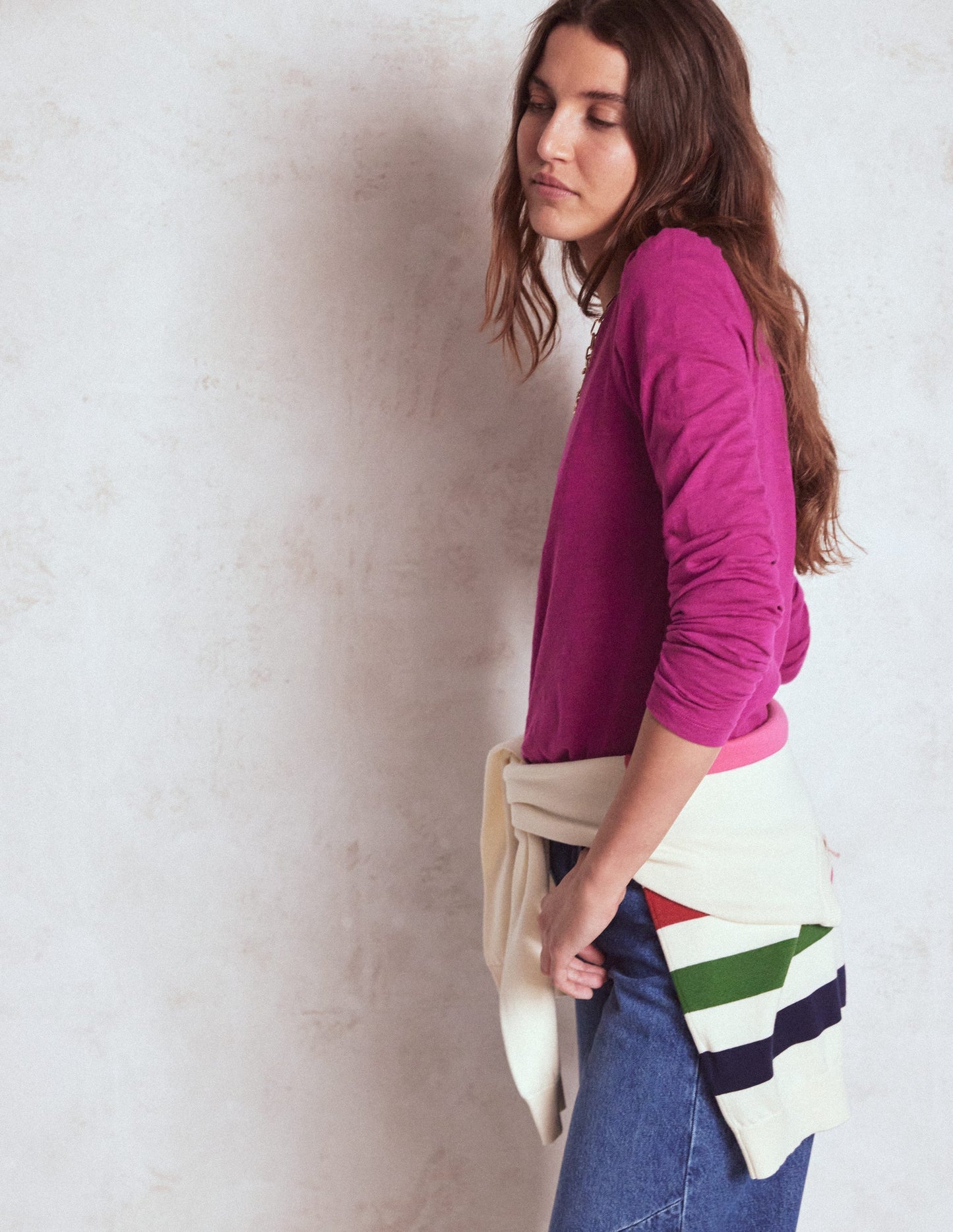 Cotton Crew Long Sleeve Top - Rich Magenta
