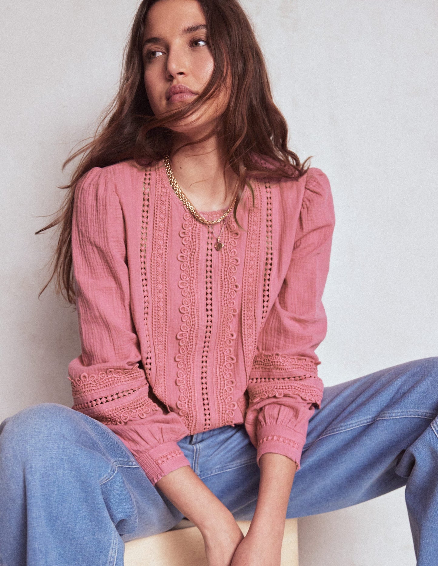 Trim Interest Double Cloth Top - Pink Heather