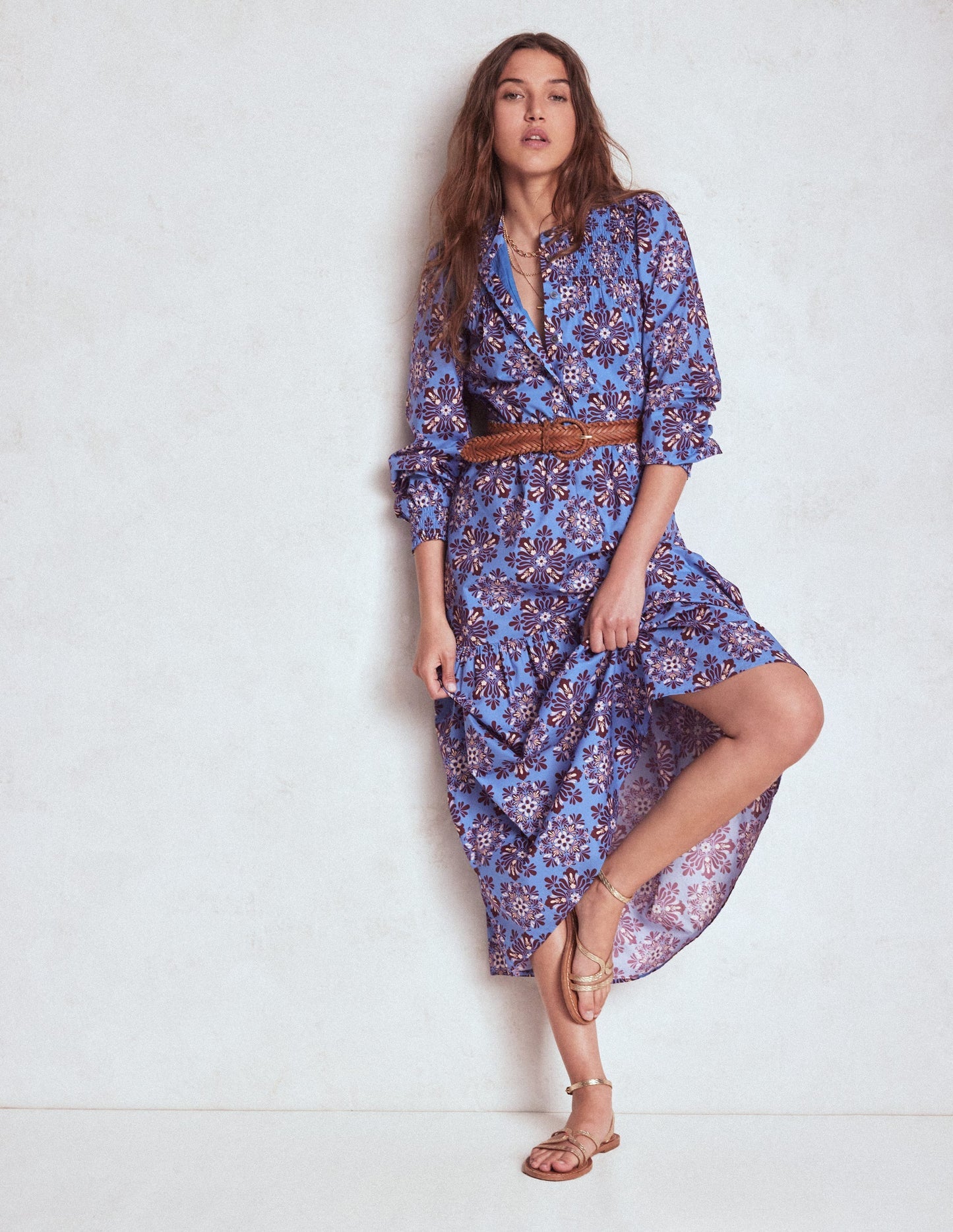 Cecily Cotton Midi Dress - Soft Blue, Bloom Mosaic