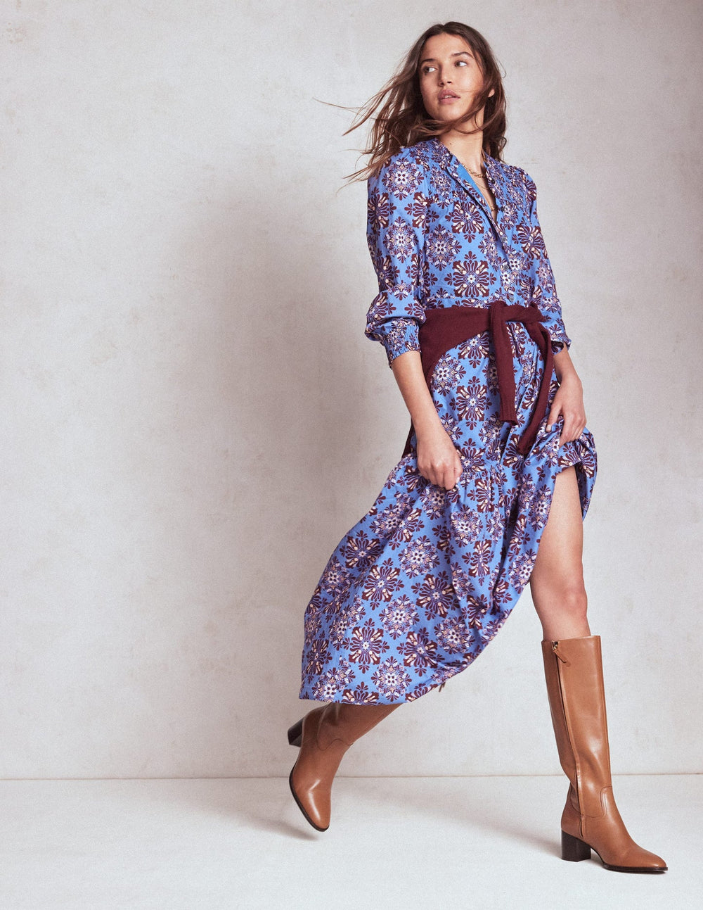 Cecily Cotton Midi Dress - Soft Blue, Bloom Mosaic