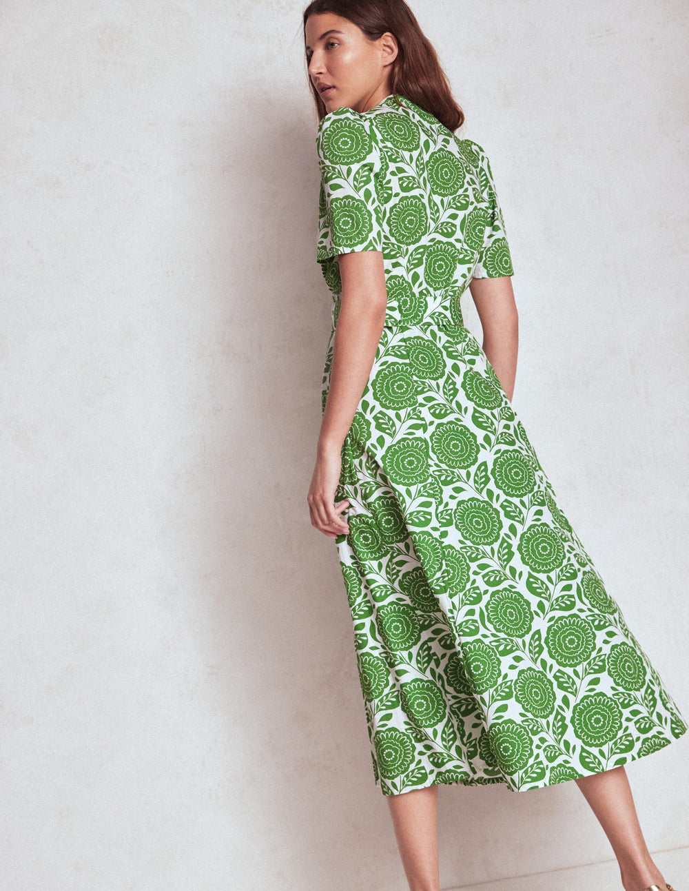 Kate Puff Sleeve Belted Dress - Paradise Green, Dahlia Stamp