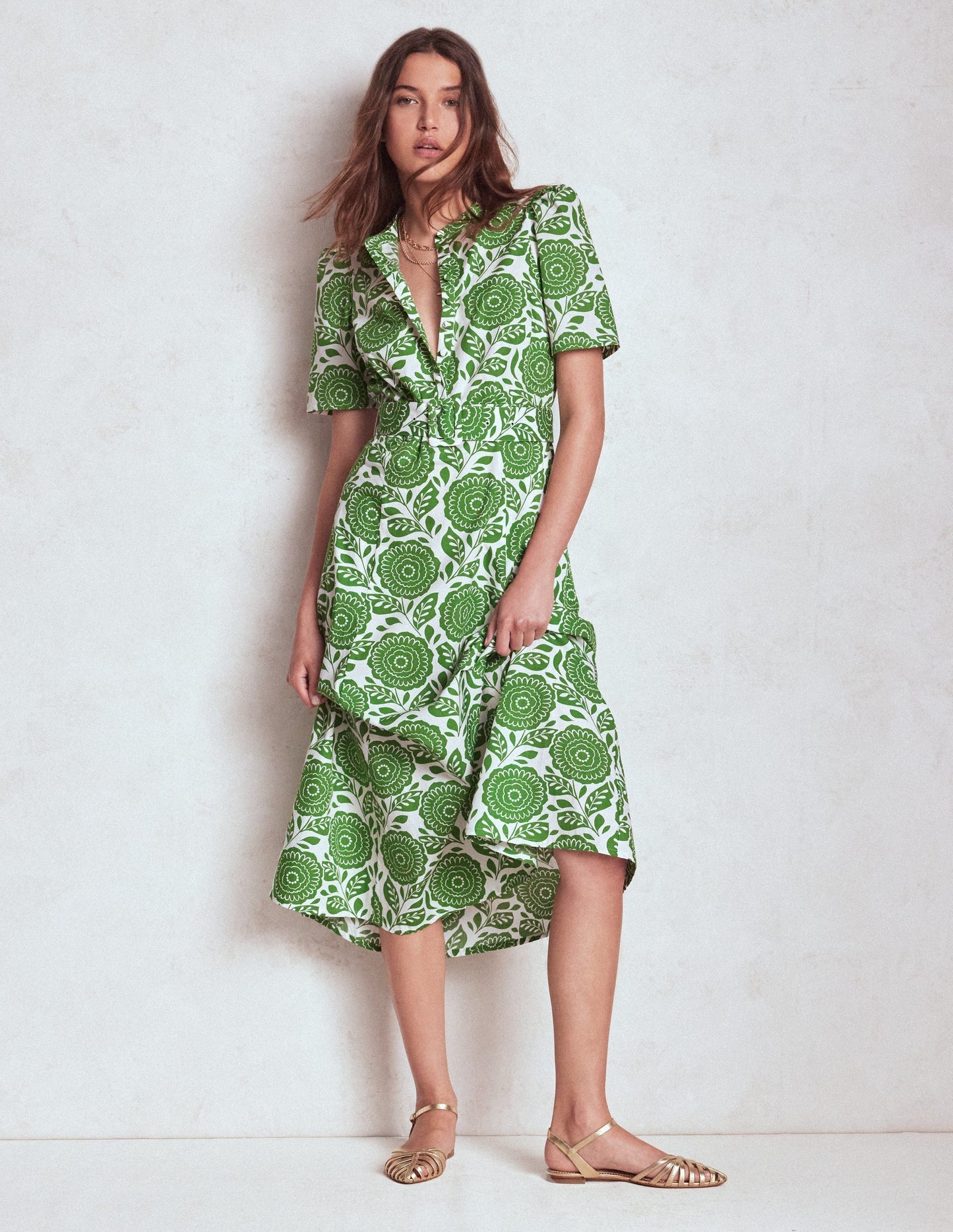 Kate Puff Sleeve Belted Dress - Paradise Green, Dahlia Stamp