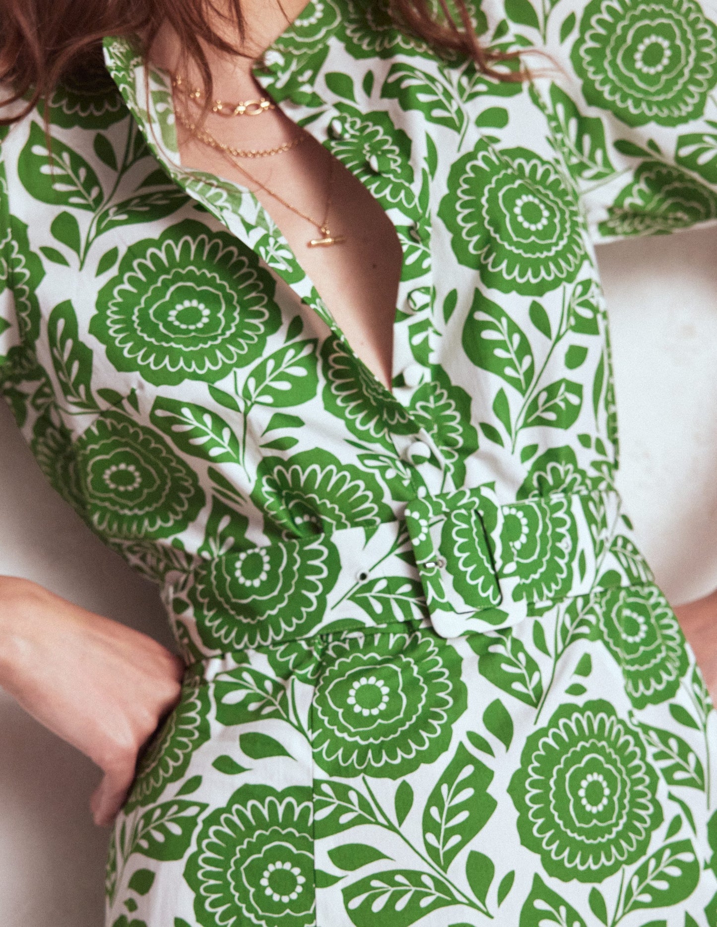 Kate Puff Sleeve Belted Dress - Paradise Green, Dahlia Stamp
