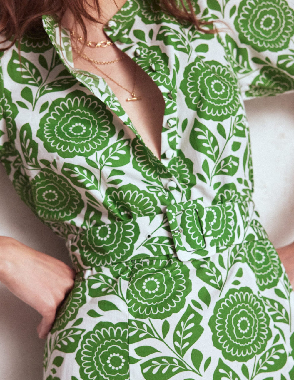 Kate Puff Sleeve Belted Dress - Paradise Green, Dahlia Stamp