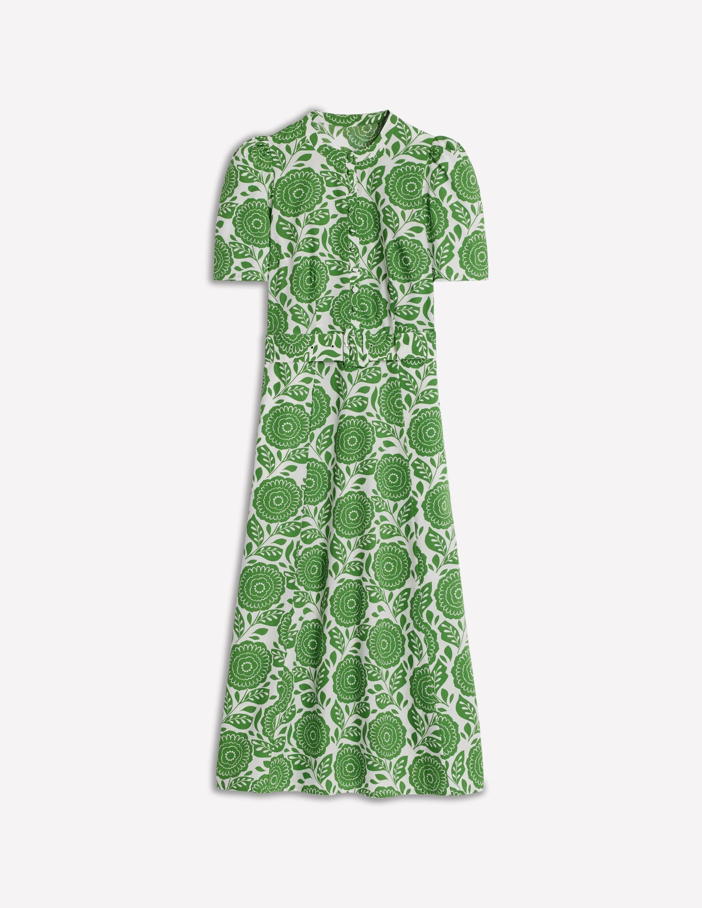 Kate Puff Sleeve Belted Dress - Paradise Green, Dahlia Stamp