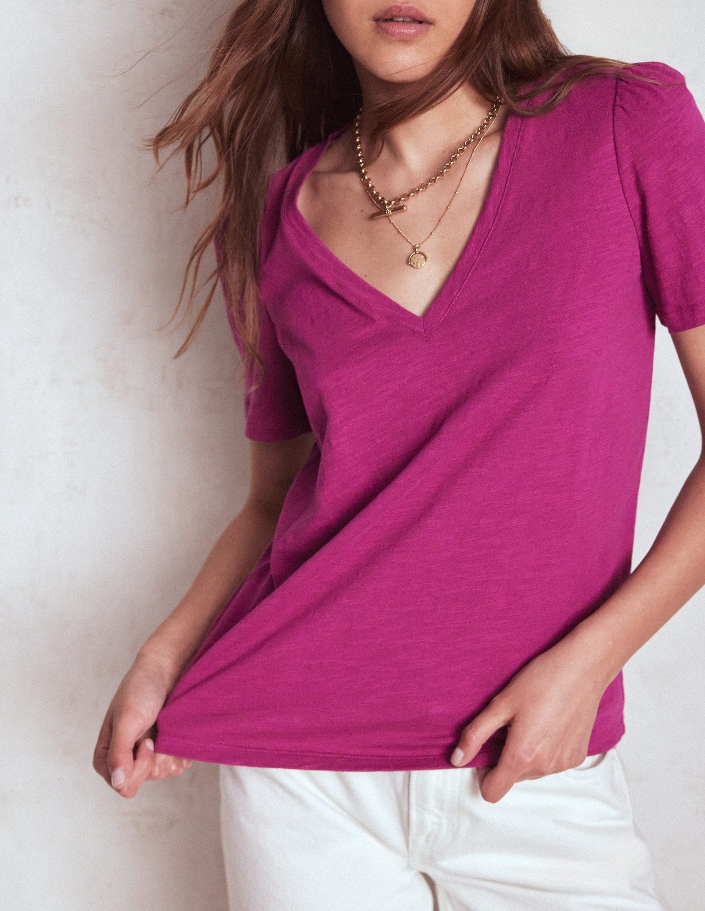 Short Sleeve V Neck T-shirt - Rich Magenta