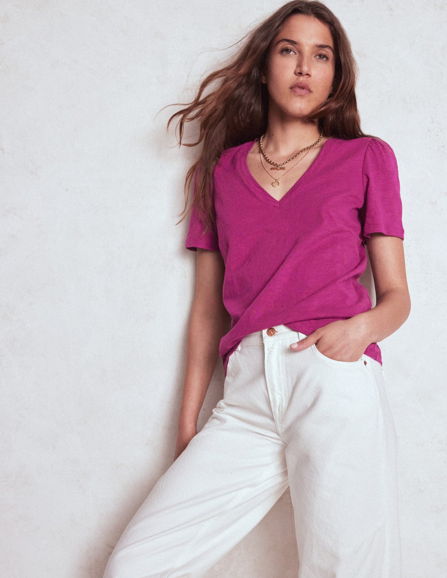 Short Sleeve V Neck T-shirt - Rich Magenta