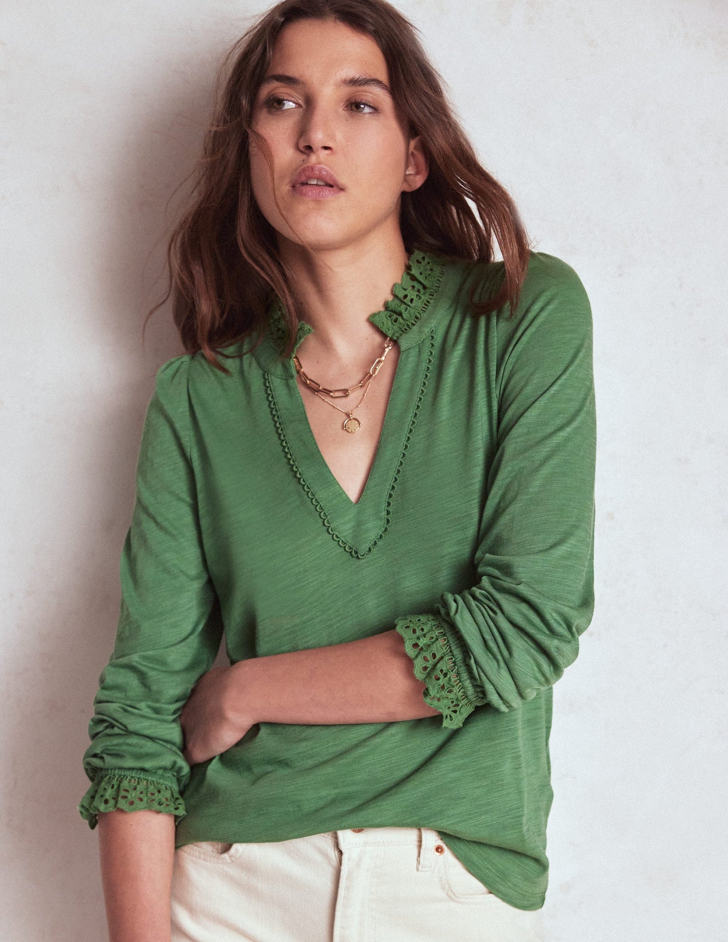 Aria Broderie Notch Neck Top - Newt Green