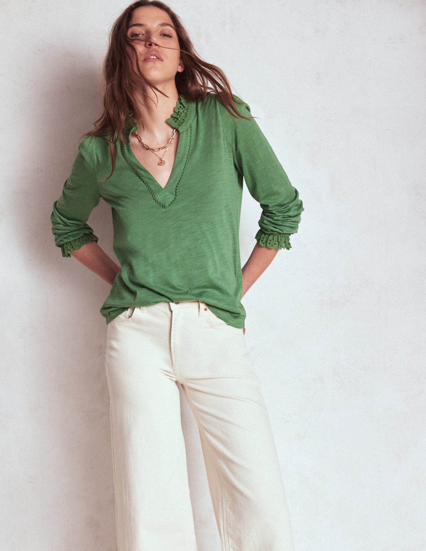 Aria Broderie Notch Neck Top - Newt Green