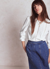 Trim Interest Double Cloth Top - White