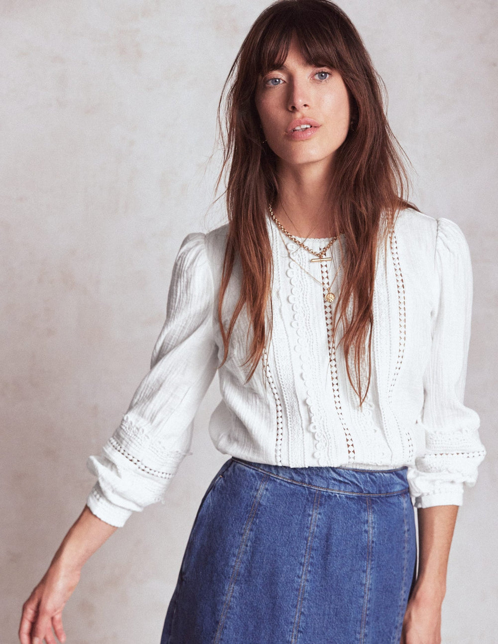 Trim Interest Double Cloth Top - White