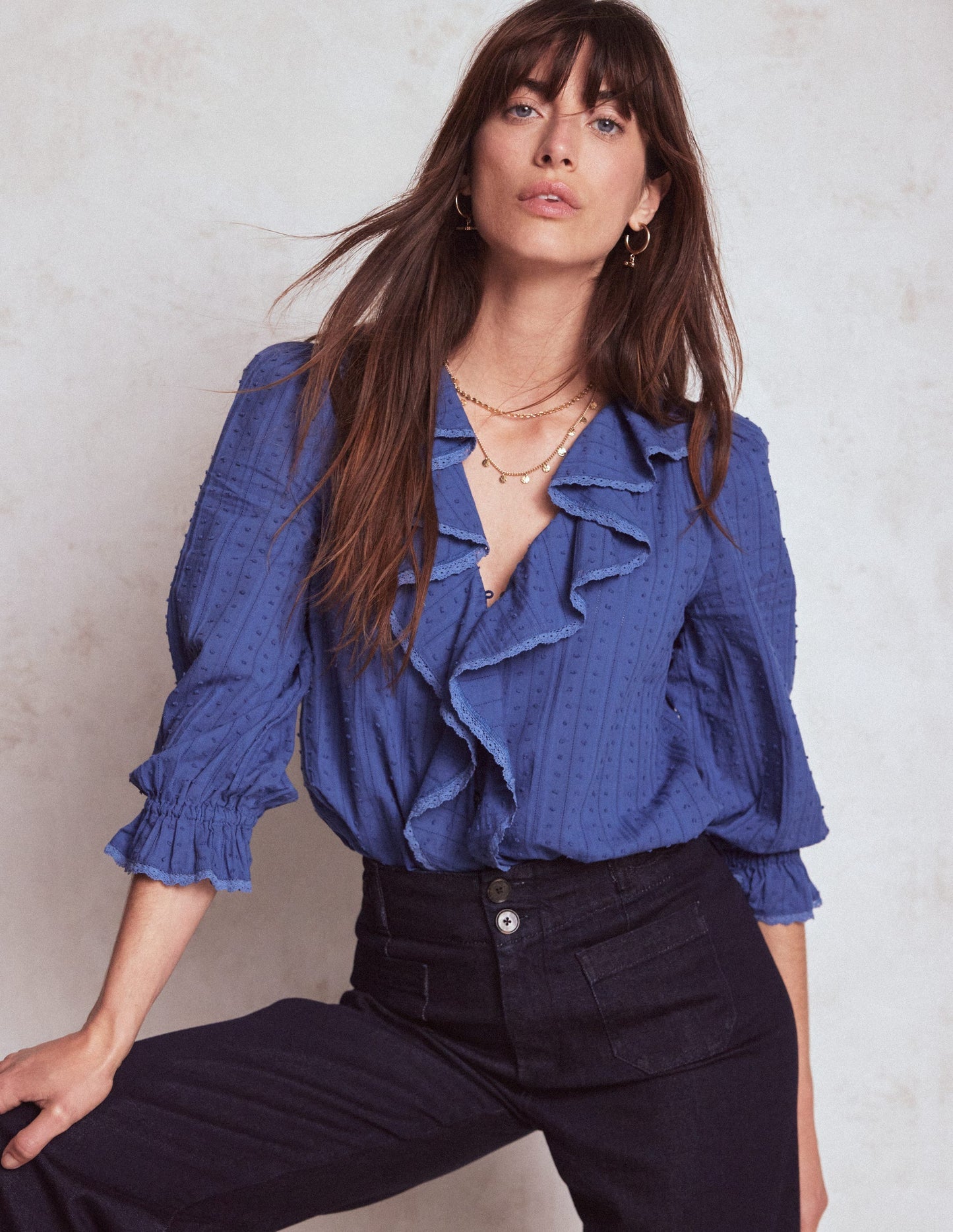 Ruffle V - Neck Blouse - Denim Blue