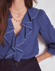 Ruffle V - Neck Blouse - Denim Blue