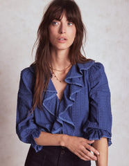 Ruffle V - Neck Blouse - Denim Blue
