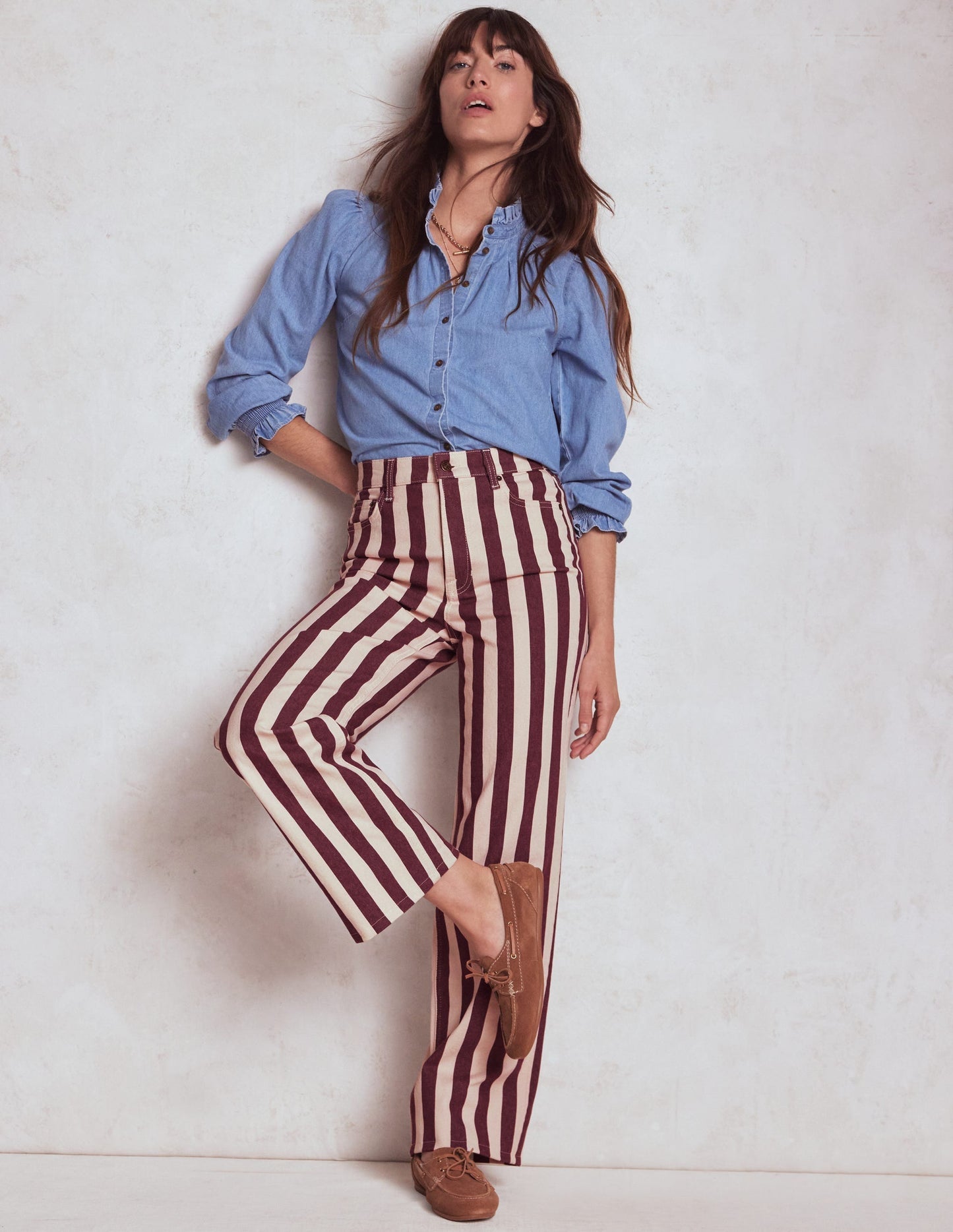 High Rise Column Leg Jeans - Maroon and Ivory Stripe
