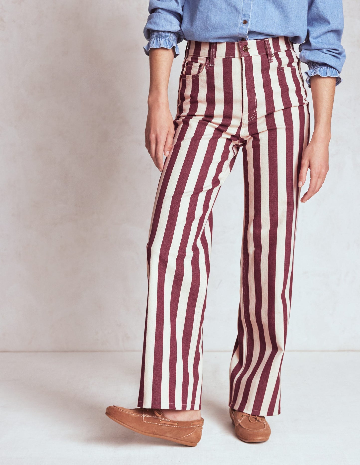 High Rise Column Leg Jeans - Maroon and Ivory Stripe