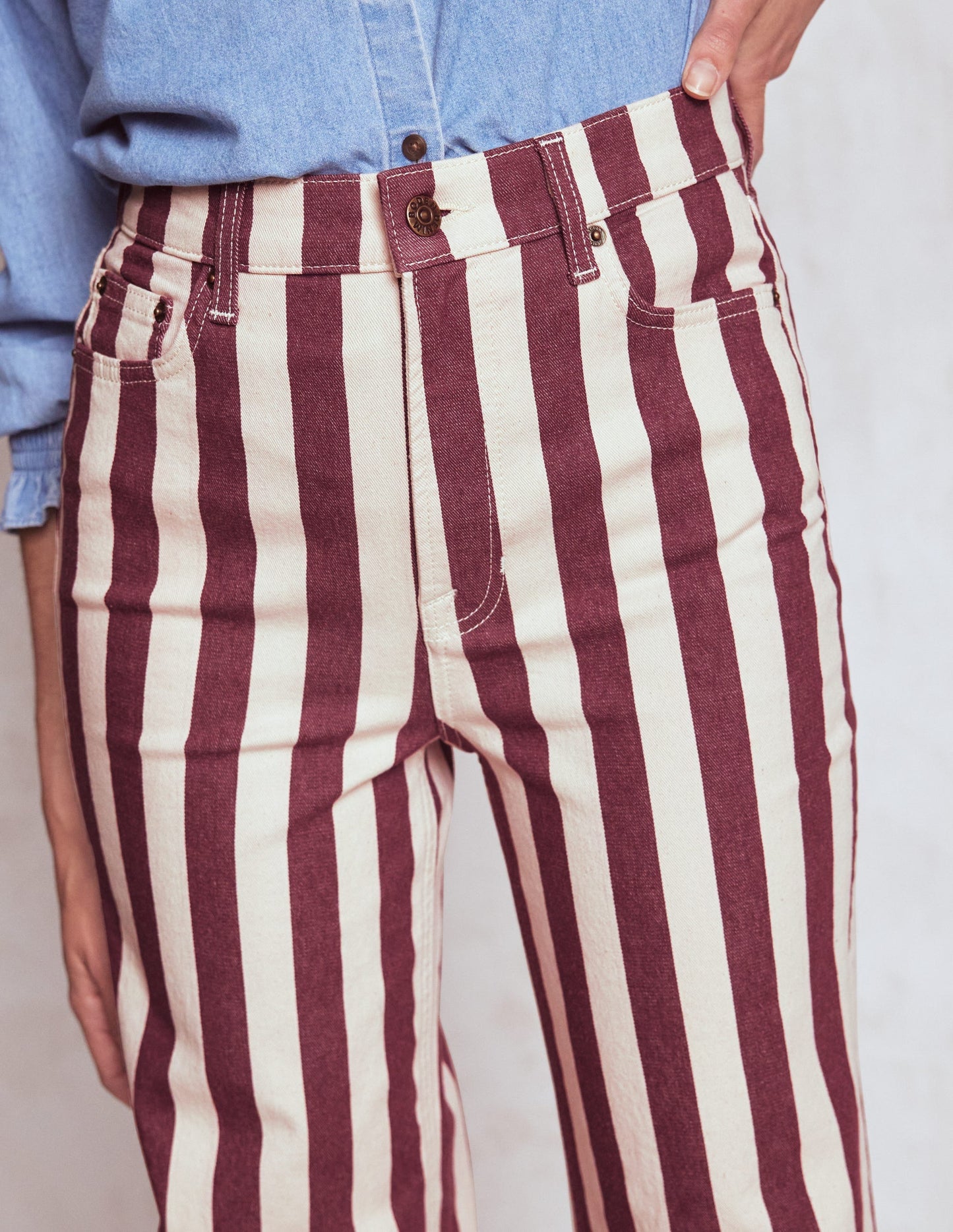 High Rise Column Leg Jeans - Maroon and Ivory Stripe