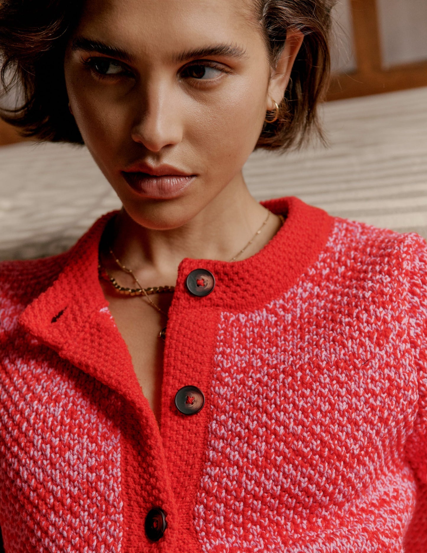 Libby Knitted Jacket - Pink Ribbon/ Poppy Red