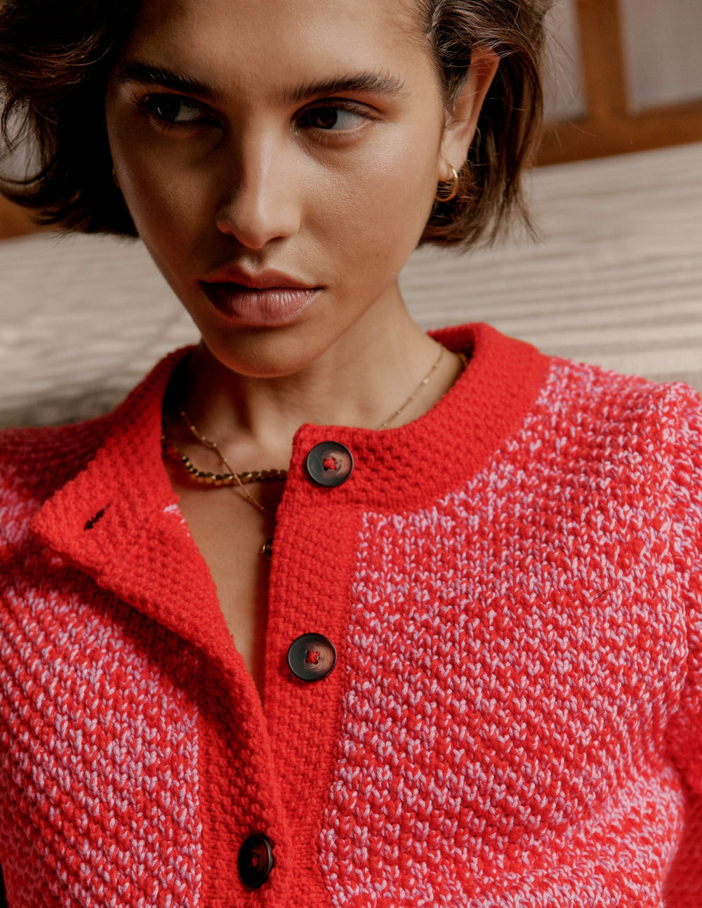 Libby Knitted Jacket - Pink Ribbon/ Poppy Red