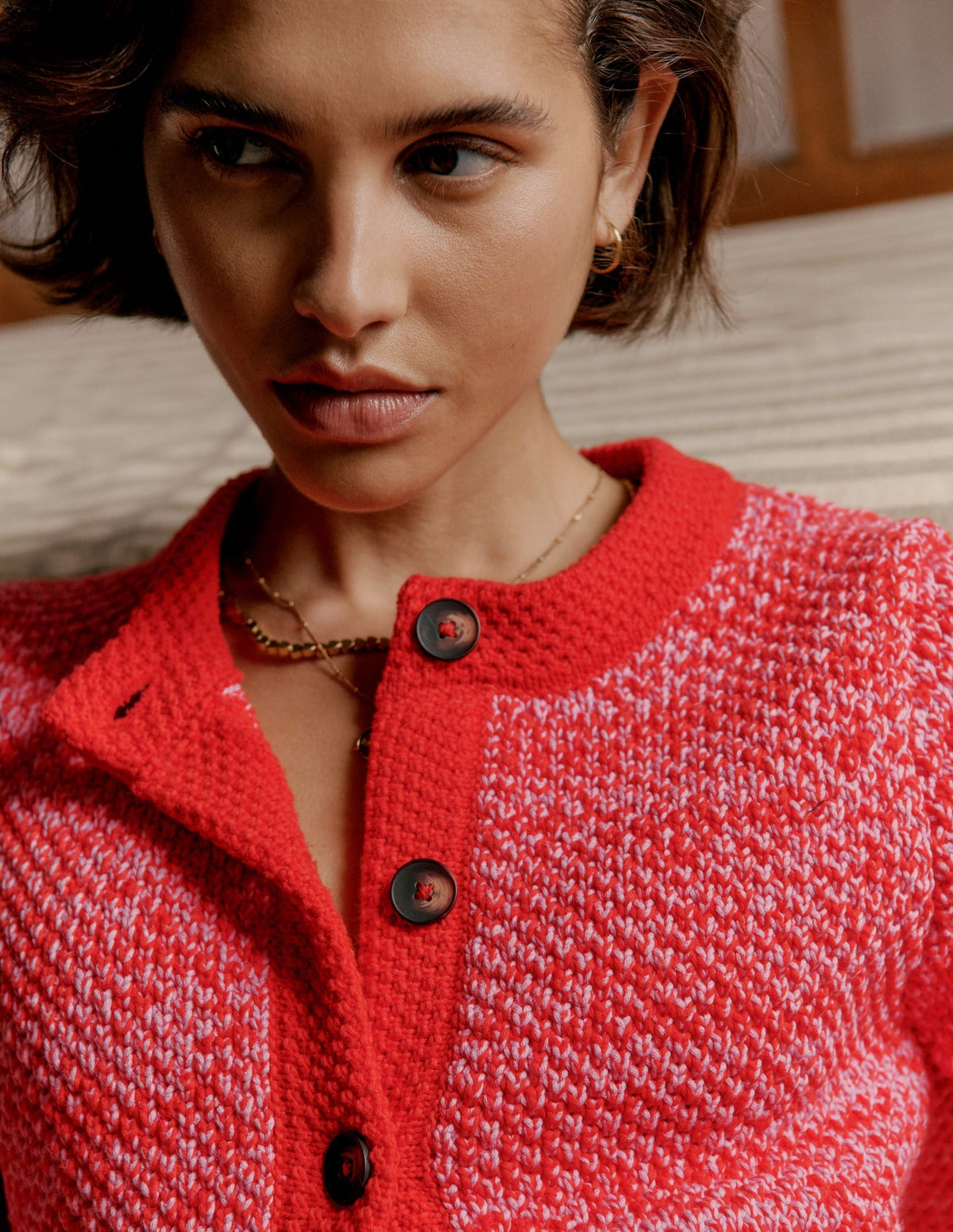 Libby Knitted Jacket - Pink Ribbon/ Poppy Red