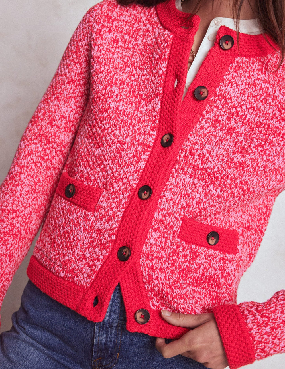 Libby Knitted Jacket - Pink Ribbon/ Poppy Red