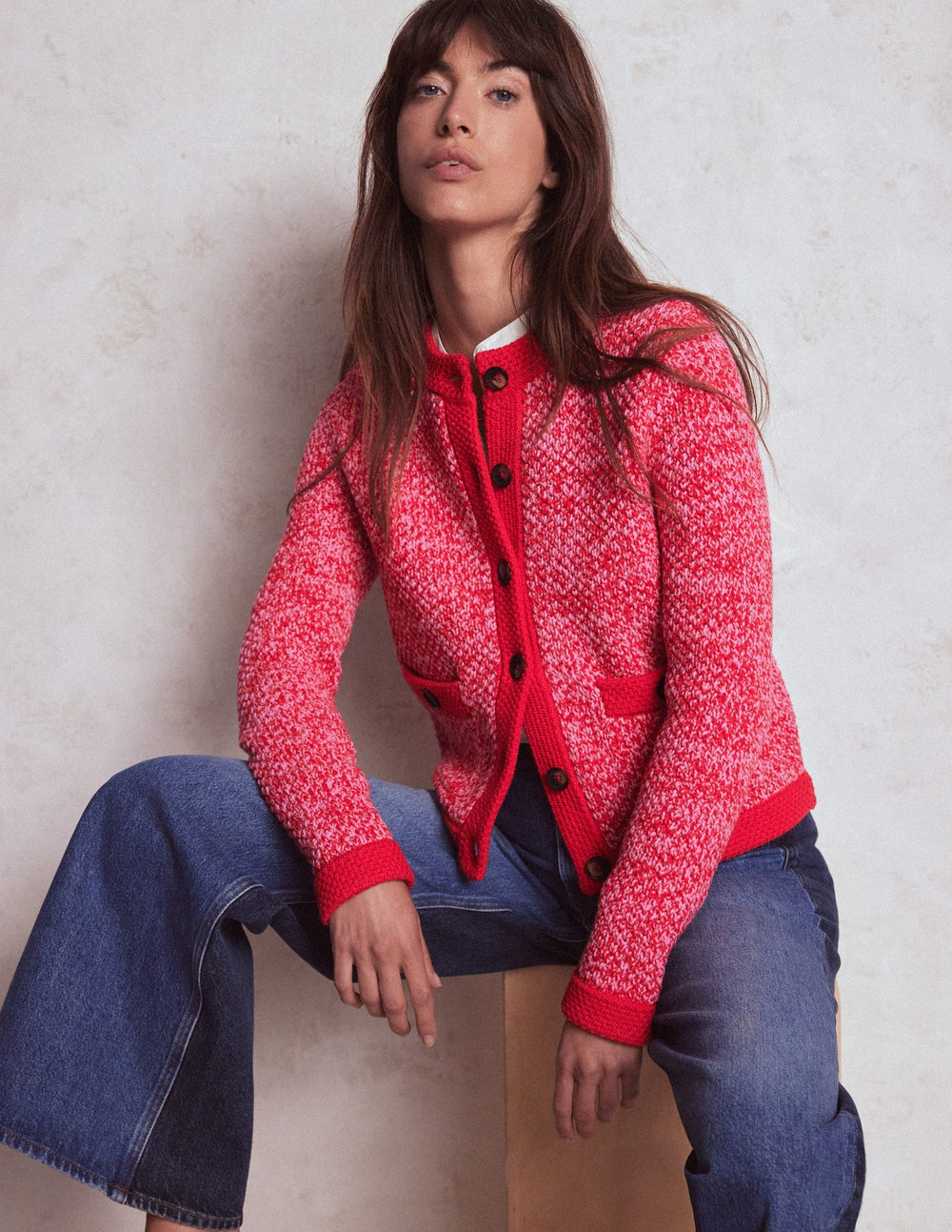 Libby Knitted Jacket - Pink Ribbon/ Poppy Red