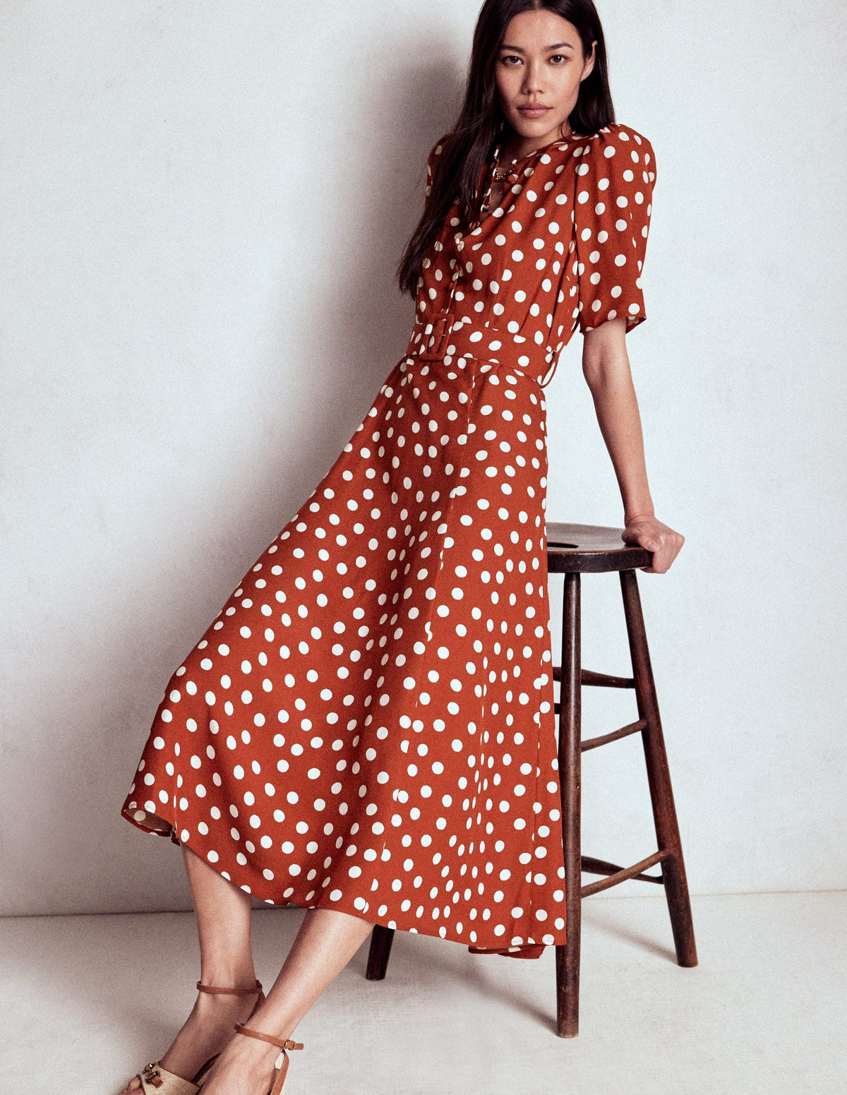 Kate Puff Sleeve Belted Dress - Brown, Painted Dot