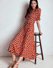 Kate Puff Sleeve Belted Dress - Brown, Painted Dot