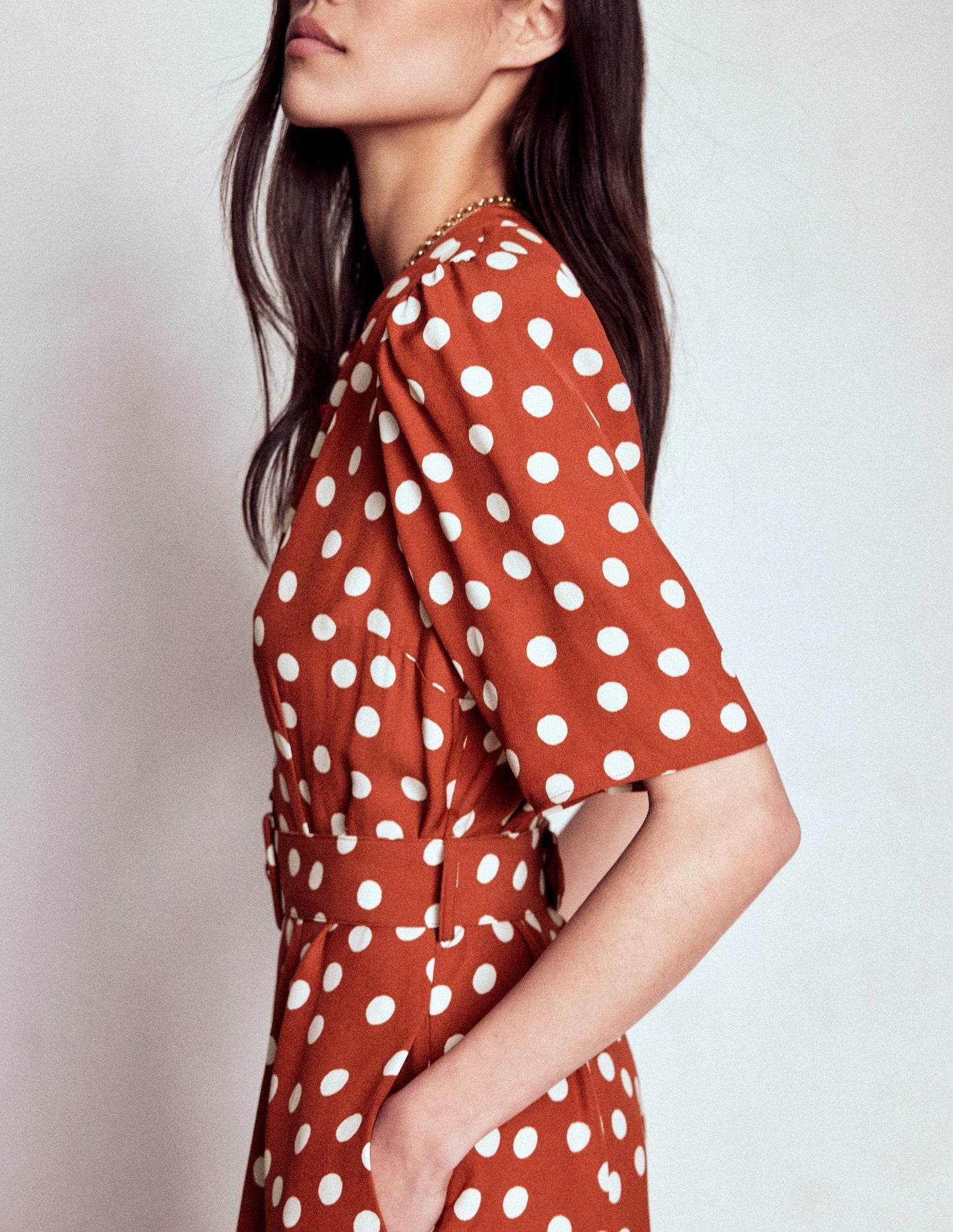 Kate Puff Sleeve Belted Dress - Brown, Painted Dot