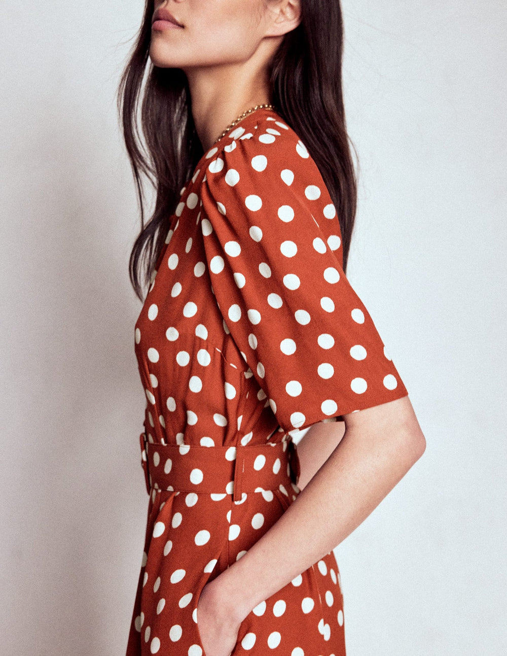Kate Puff Sleeve Belted Dress - Brown, Painted Dot