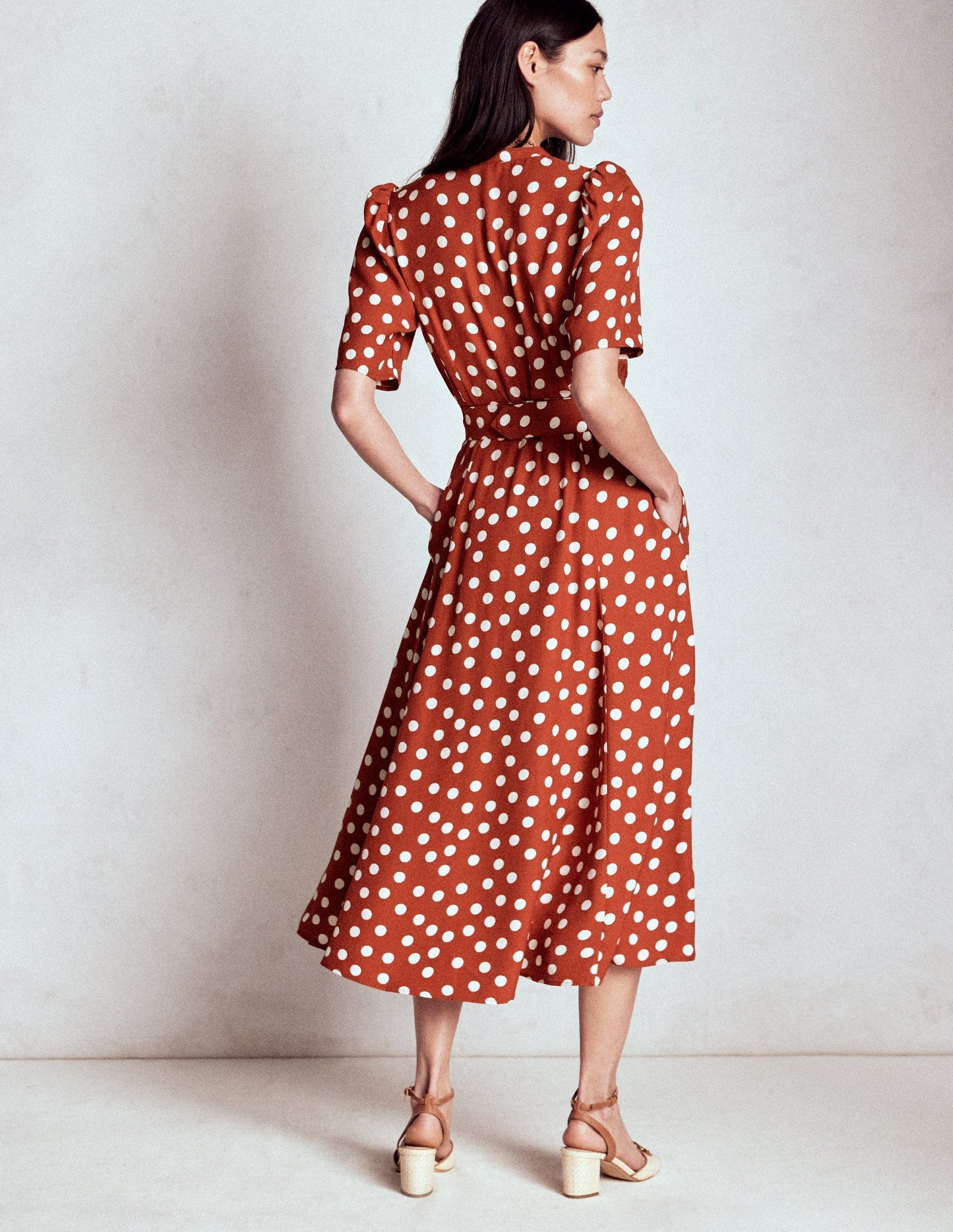 Kate Puff Sleeve Belted Dress - Brown, Painted Dot