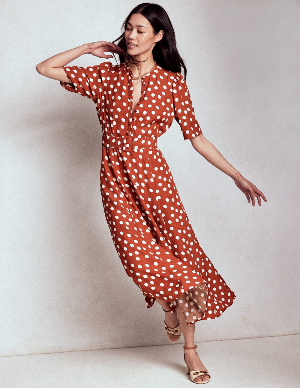 Kate Puff Sleeve Belted Dress - Brown, Painted Dot