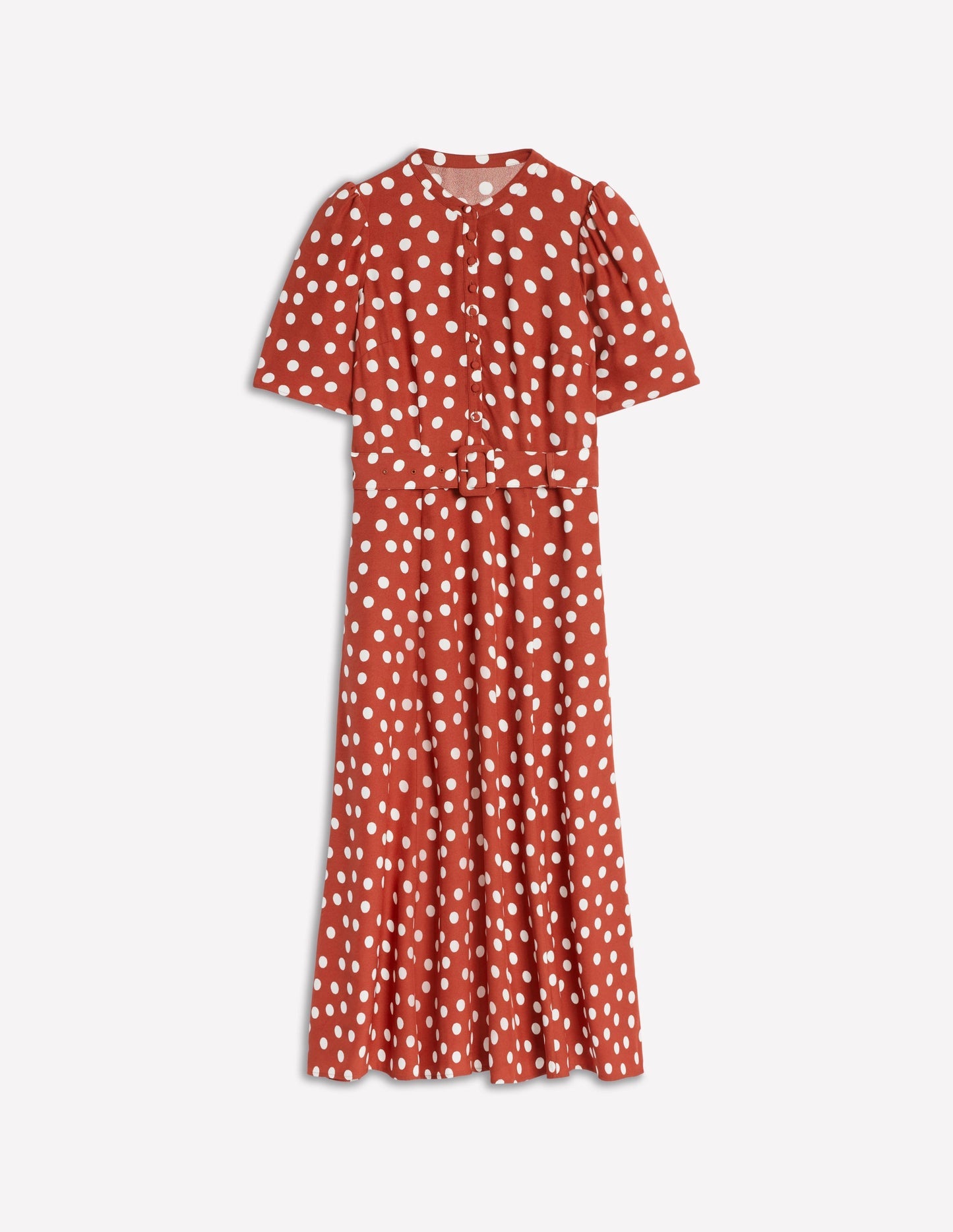 Kate Puff Sleeve Belted Dress - Brown, Painted Dot
