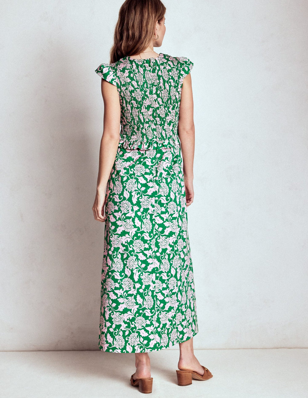 Carolina Smocked Midi Dress - Rich Emerald, Ornate Vine