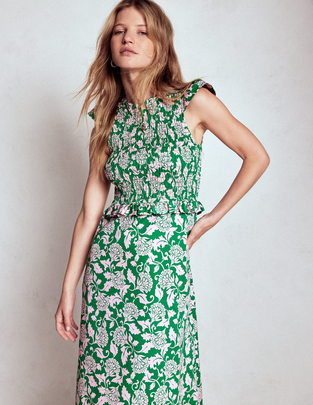 Carolina Smocked Midi Dress - Rich Emerald, Ornate Vine