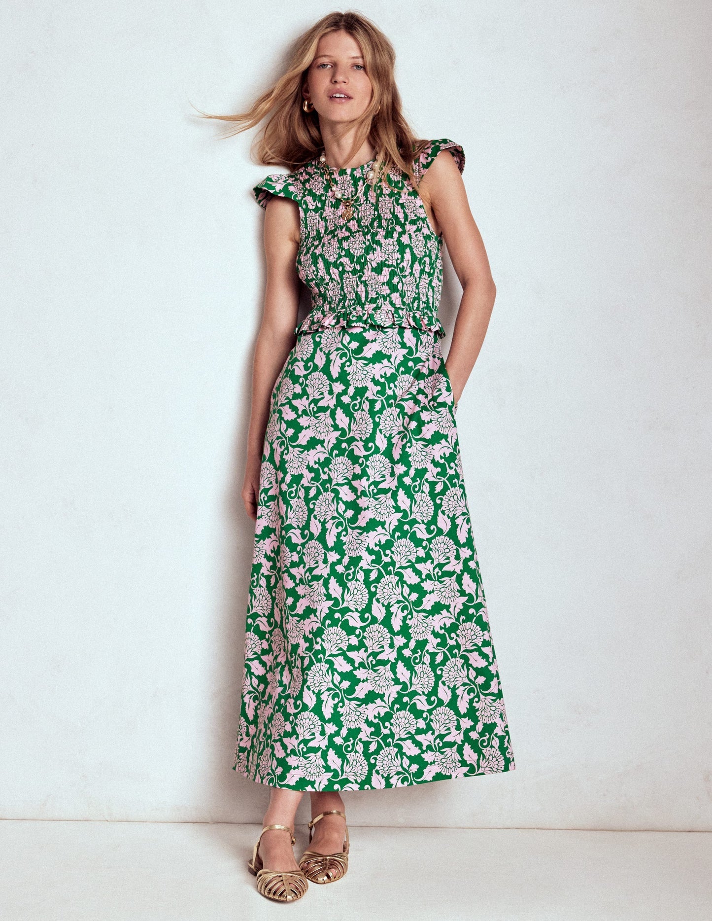 Carolina Smocked Midi Dress - Rich Emerald, Ornate Vine