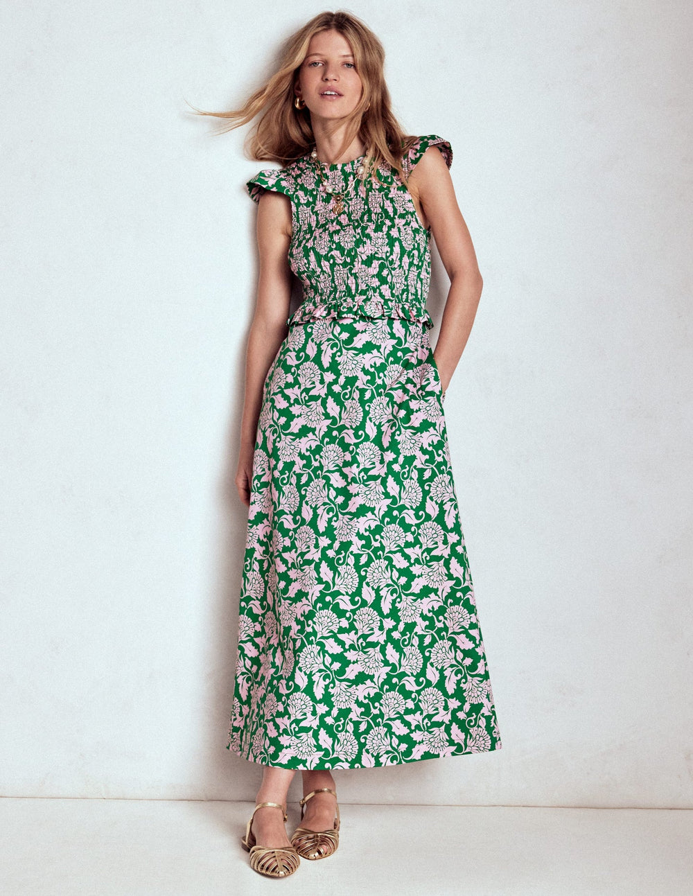 Carolina Smocked Midi Dress - Rich Emerald, Ornate Vine