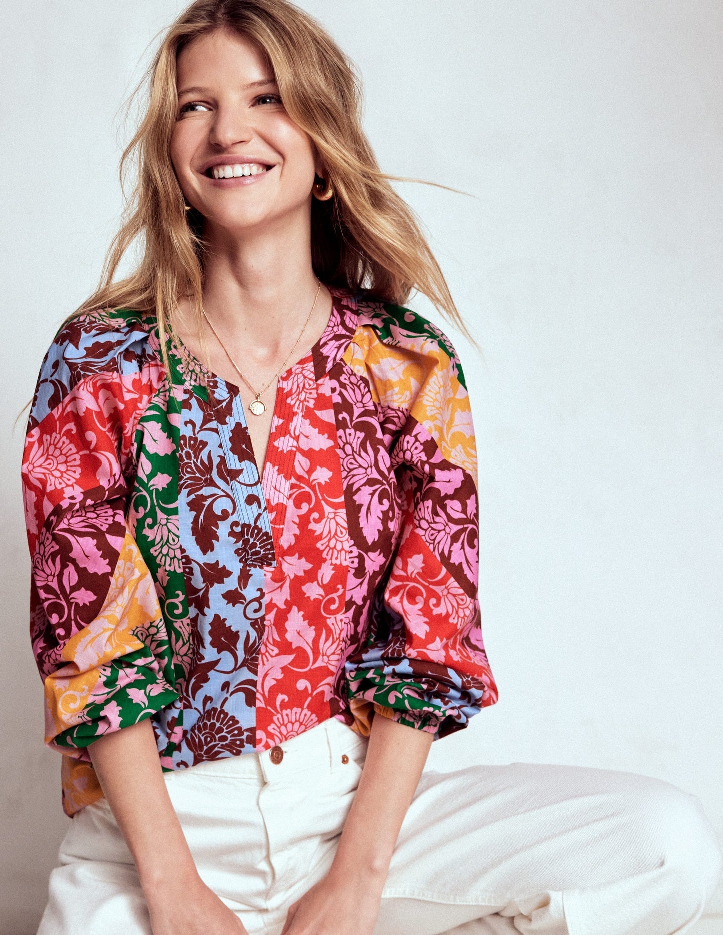 Long Sleeve Notch Top - Multi, Ornate Vine