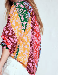 Long Sleeve Notch Top - Multi, Ornate Vine