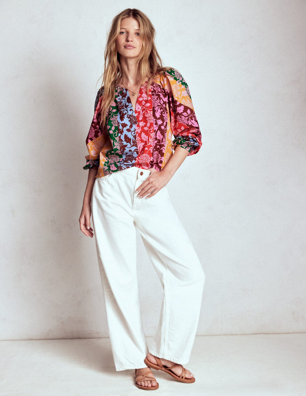 Long Sleeve Notch Top - Multi, Ornate Vine