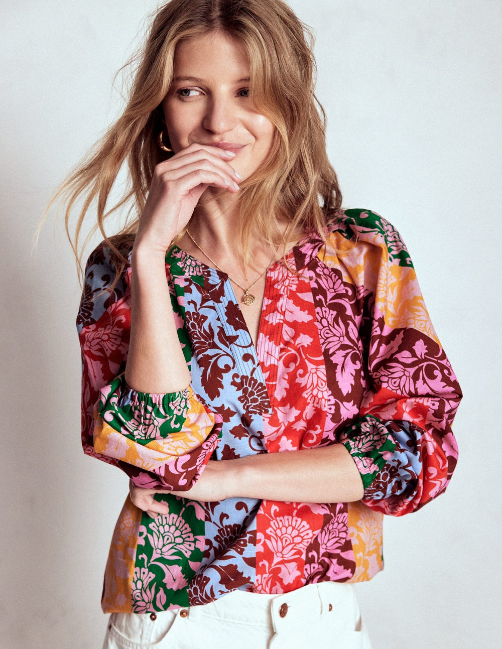 Long Sleeve Notch Top - Multi, Ornate Vine