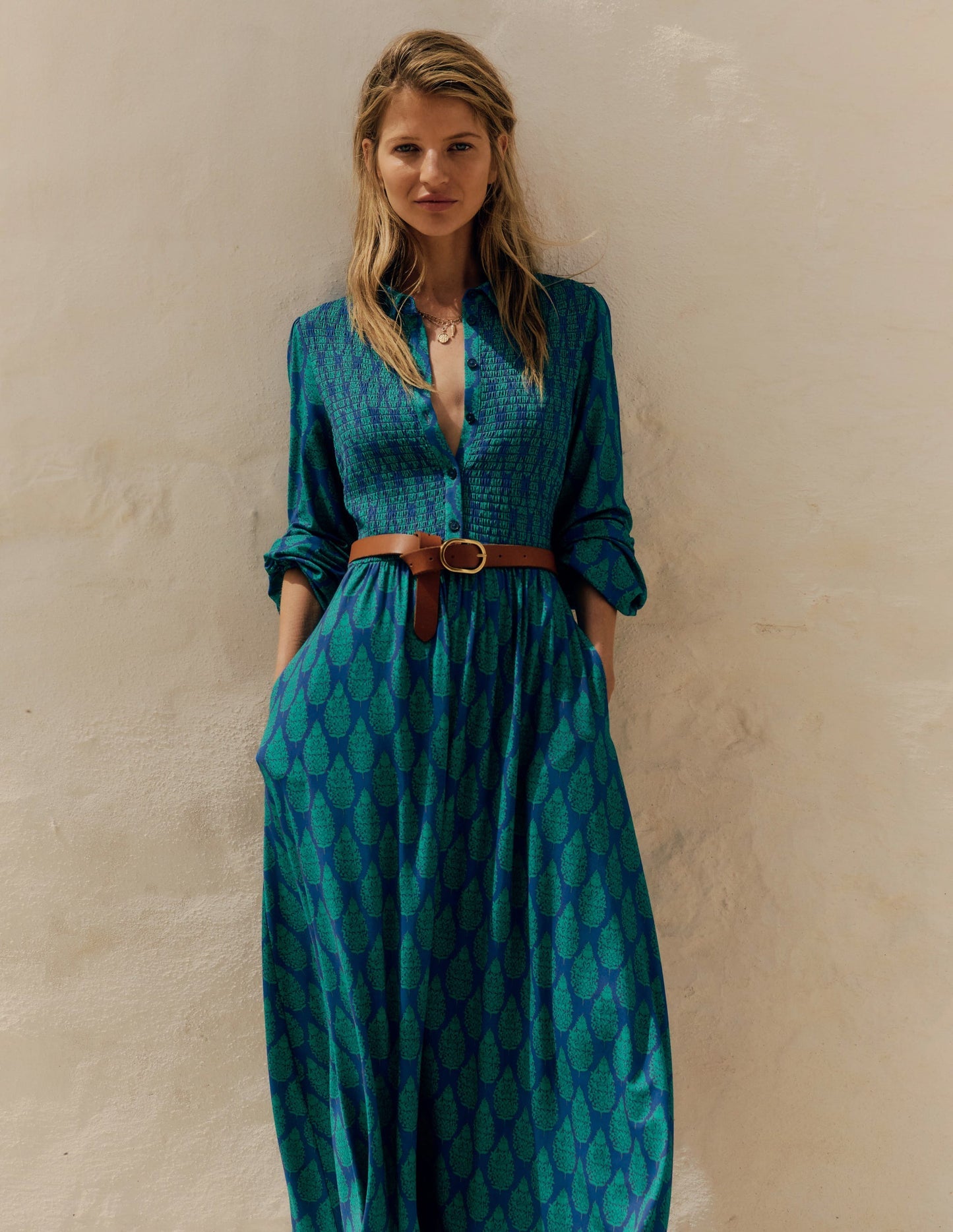 Smocked Jersey Shirt Dress - Blue, Wildflower Bouquet