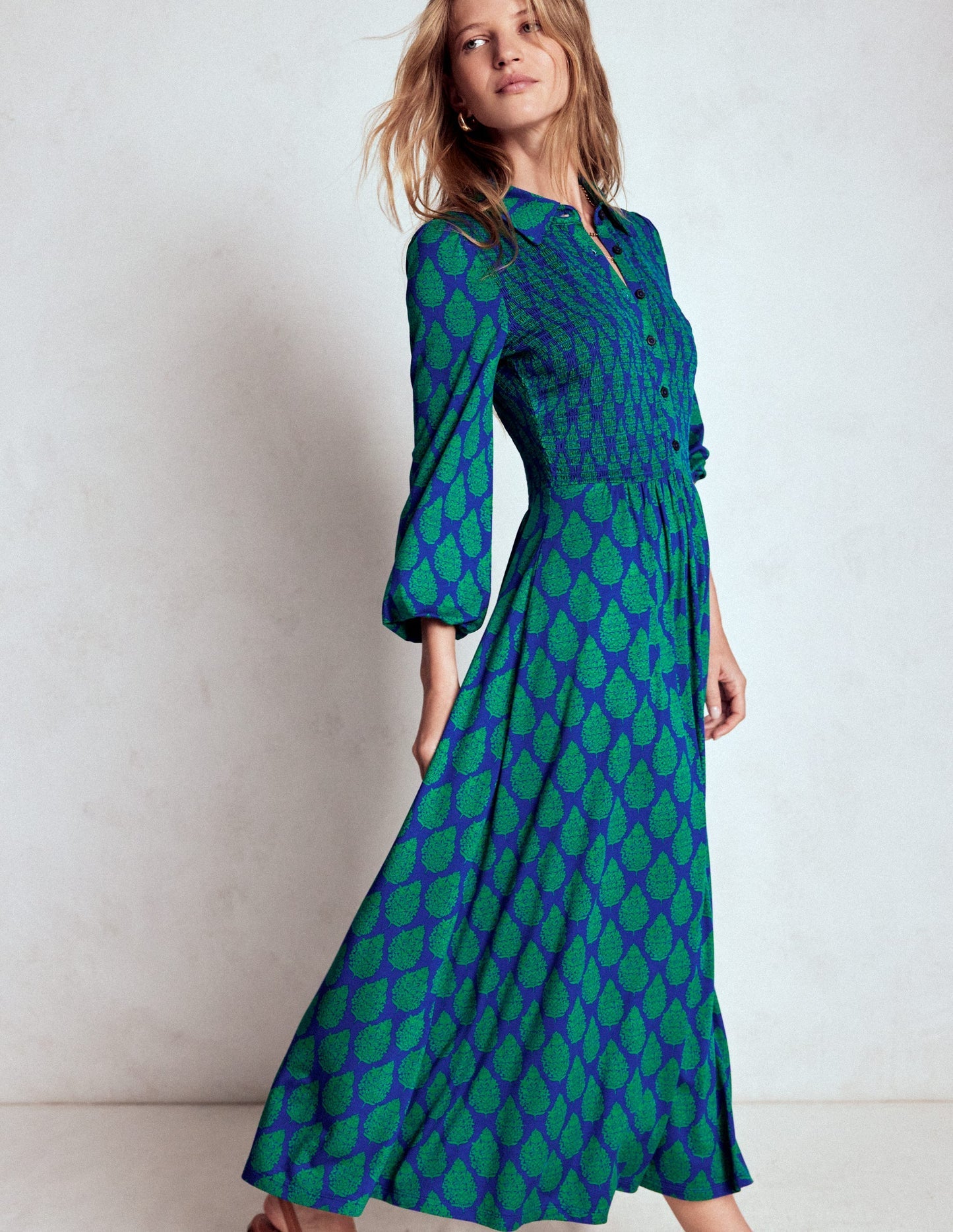 Smocked Jersey Shirt Dress - Blue, Wildflower Bouquet