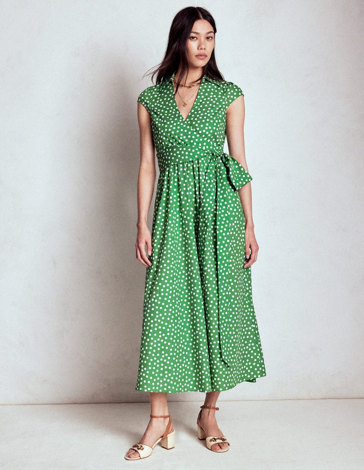 Julia Cotton Wrap Midi Dress - Highland Green, Painted Dot