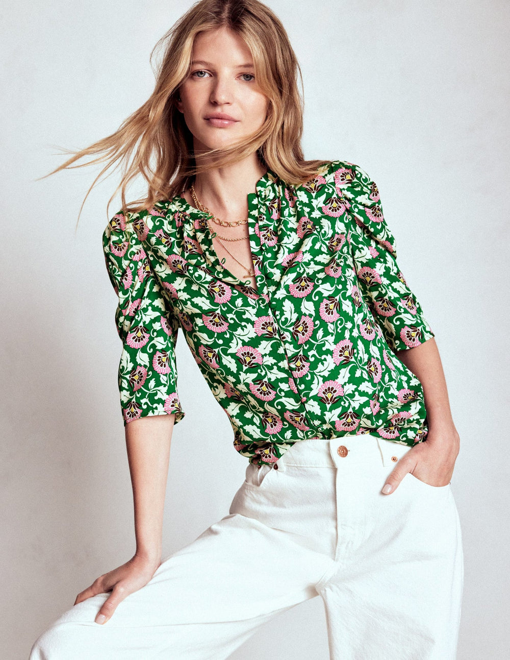 Mutton Sleeve Smart Top - Rich Emerald, Ornate Vine