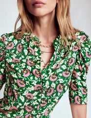 Mutton Sleeve Smart Top - Rich Emerald, Ornate Vine